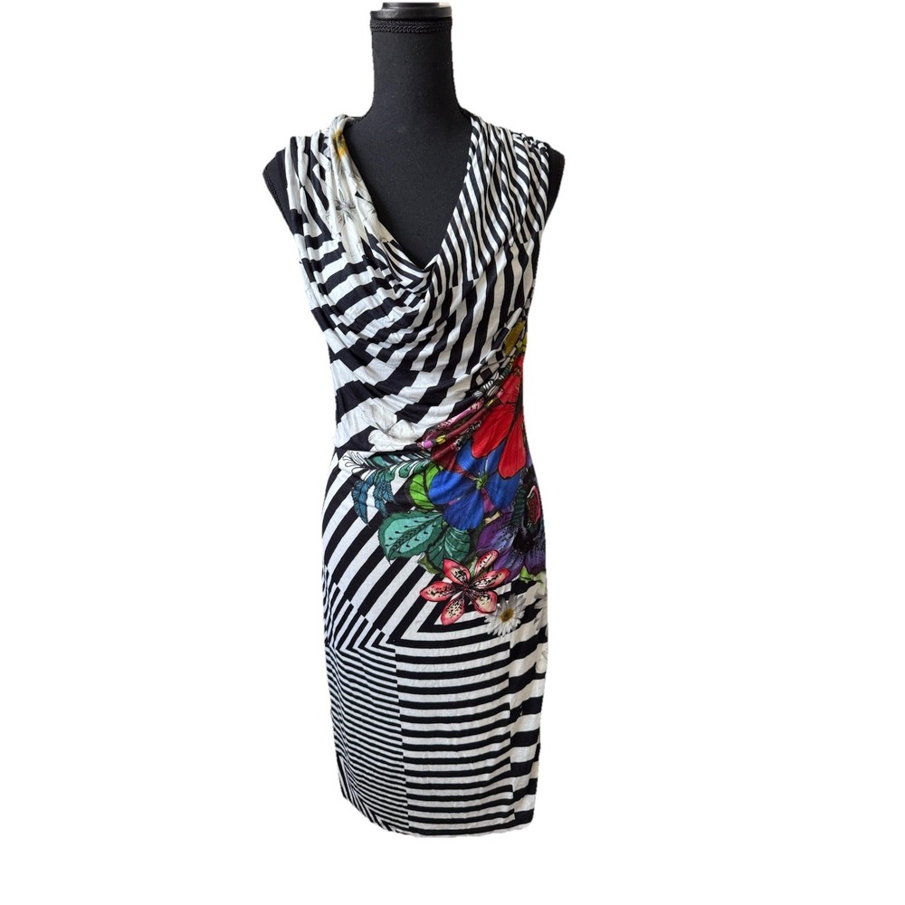 Desigual Black White Striped Midi Dress with Vibrant Floral Accent